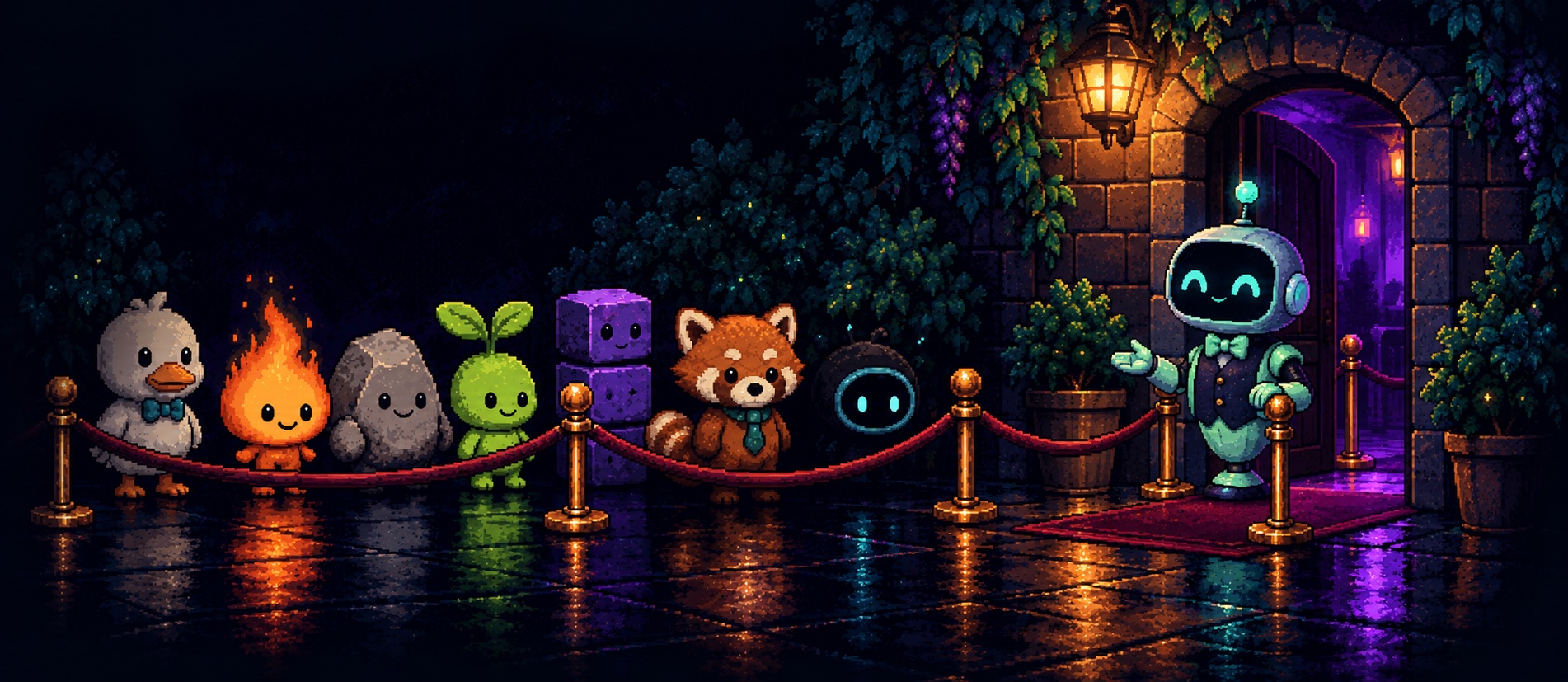 Pixel-art companions waiting at a warmly lit studio doorway. Decorative illustration, not a reconstruction.
